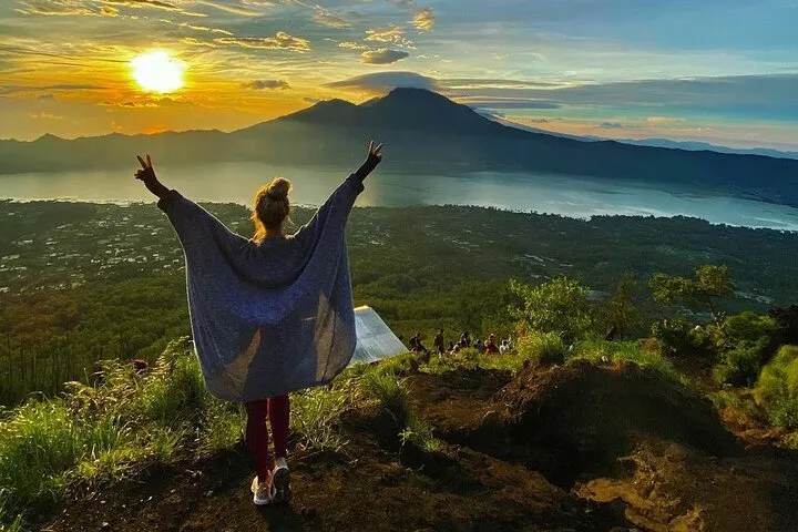 Sunrise view over Lake Batur from volcano summit