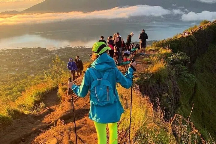 Trekking path up Mount Batur volcano before sunrise