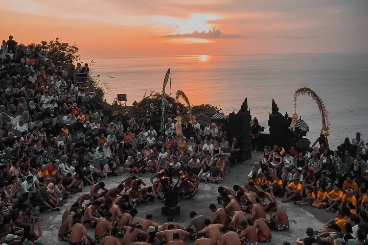 Kecak fire dance at golden sunset Uluwatu Bali